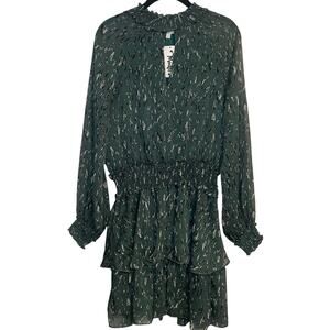 Karlie Green Gold Chiffon Sheer Long Sleeve Dress S NEW NWT Ruffle